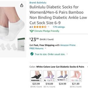 2 Pkgs x 6 Bulinlulu Diabetic Non Binding Low Cut White Socks Unisex Size Large